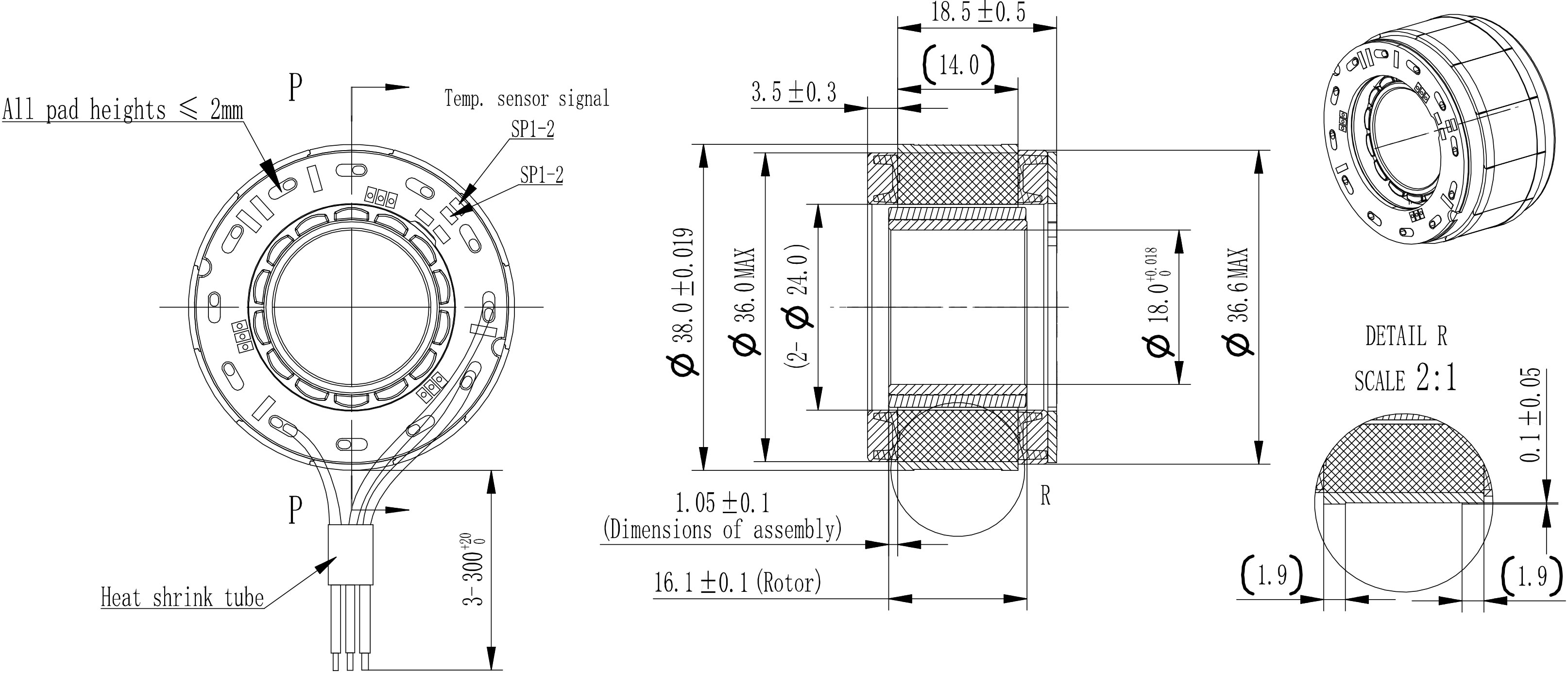 Frameless Motor Size 38mm Dimensional Drawing 22